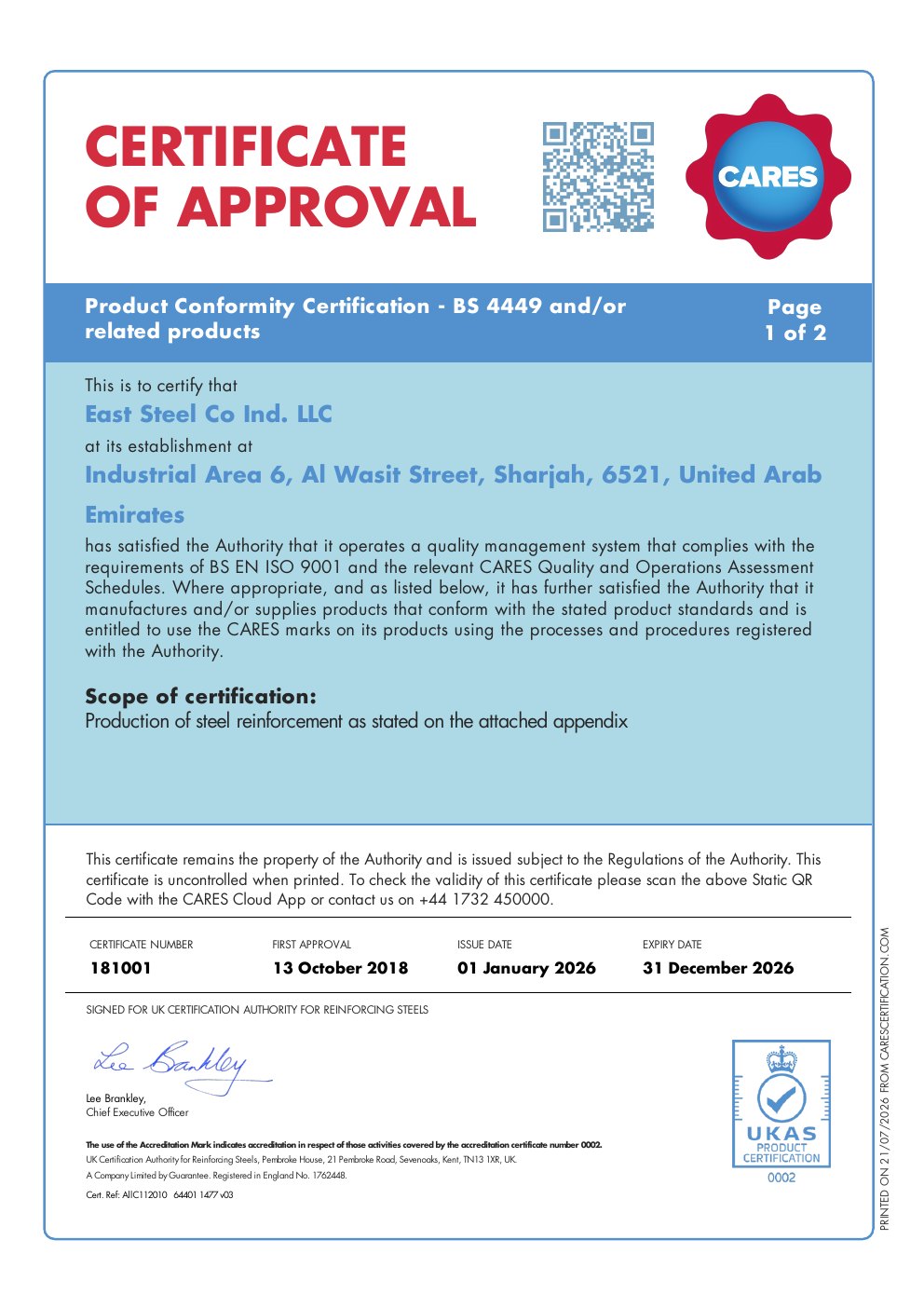 CARES Product Conformity Certification - Reinforcing Bars certificate preview