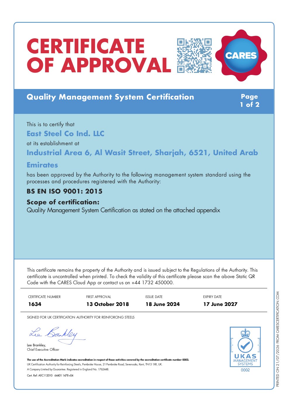 CARES Quality Management System Certification certificate preview