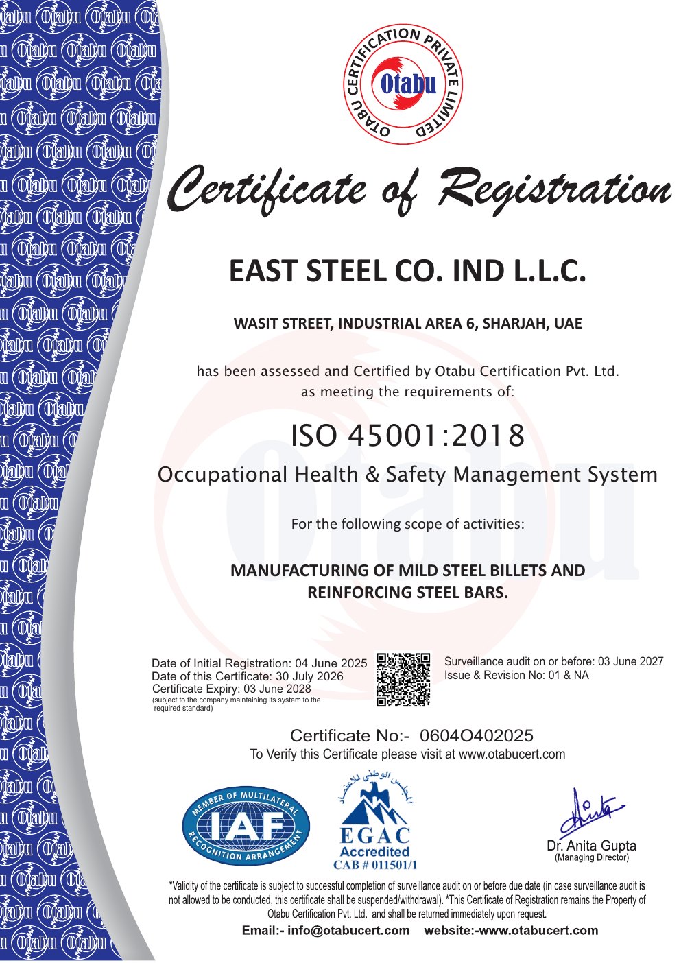 ISO 45001:2018 Occupational Health & Safety Management System certificate preview