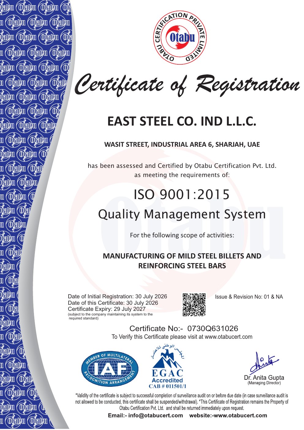 ISO 9001:2015 Quality Management System certificate preview