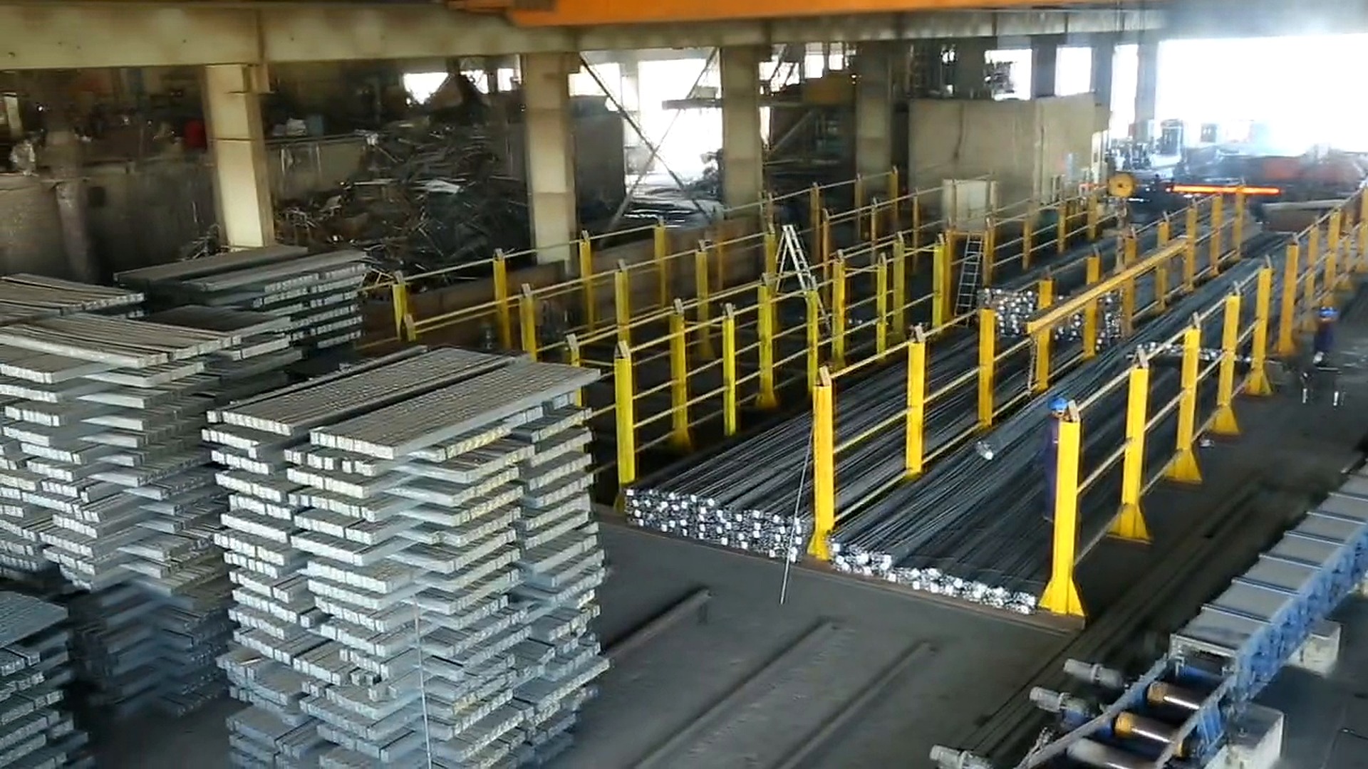 Steel billets stored inside the production facility